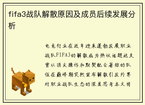 fifa3战队解散原因及成员后续发展分析