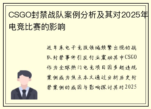 CSGO封禁战队案例分析及其对2025年电竞比赛的影响